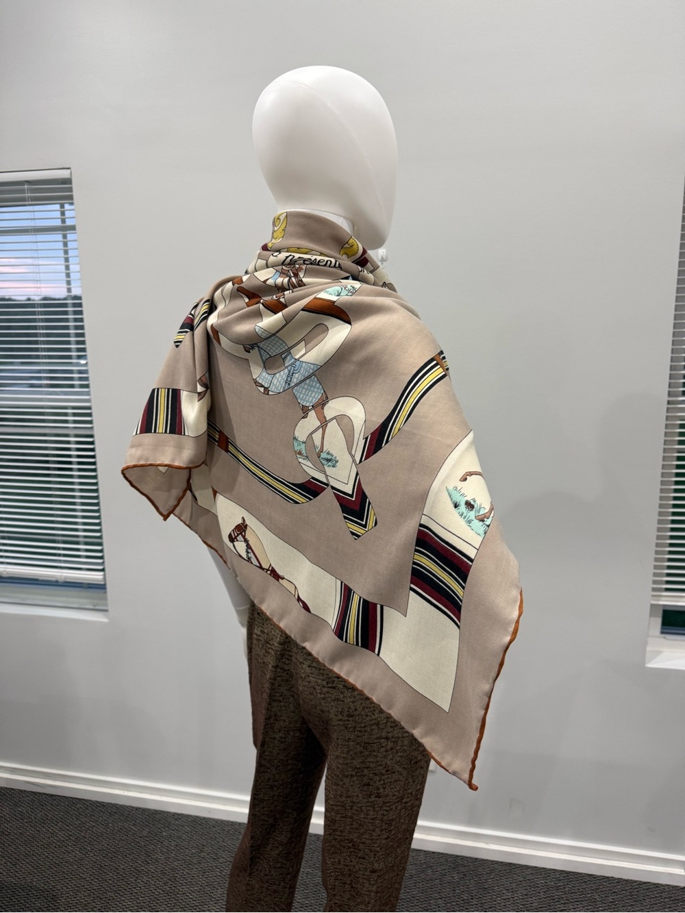 Neutral Beige Printed Silk & Cashmere Scarf with Equestrian Motif - Picture 7 of 14